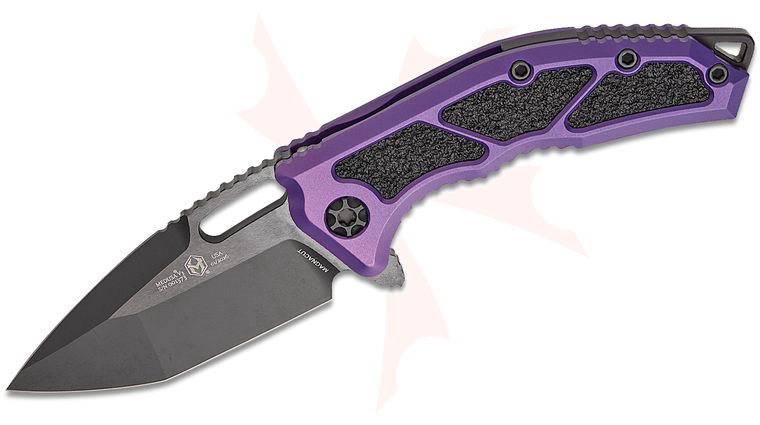 Heretic Knives Medusa Manual Frame Lock Flipper Knife 3.05 inch CPM-MagnaCut Black DLC Tanto Blade, Purple Aluminum Handles with Black Traction Inlays
