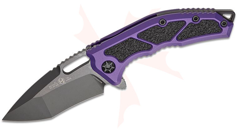 Heretic Knives Medusa Manual Frame Lock Flipper Knife 3.05 inch CPM-MagnaCut Black DLC Recurve Blade, Purple Aluminum Handles with Black Traction Inlays