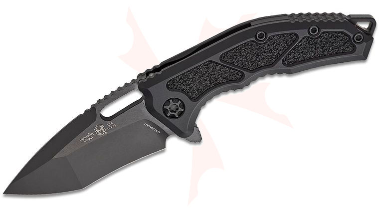 Heretic Knives Medusa Tactical Manual Frame Lock Flipper Knife 3.05 inch CPM-MagnaCut Black DLC Recurve Blade, Black Aluminum Handles with Black Traction Inlays