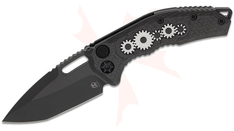 Heretic Knives Medusa Tactical AUTO Folding Knife 3.05 inch CPM-MagnaCut Black DLC Tanto Blade, Carbon Fiber Handles with Steampunk Gears