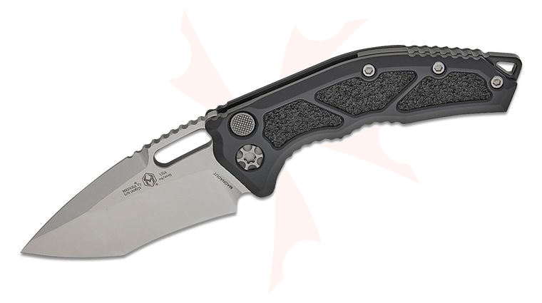 Heretic Knives Medusa AUTO Folding Knife 3.05 inch CPM-MagnaCut Stonewashed Recurve Tanto Blade, Black Aluminum Handles with Black Traction Inlays