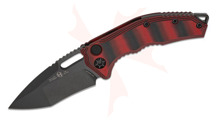 Heretic Knives Medusa AUTO Folding Knife 3.05 inch CPM-MagnaCut Black DLC Recurve Tanto Blade, Red and Black G10 Handles