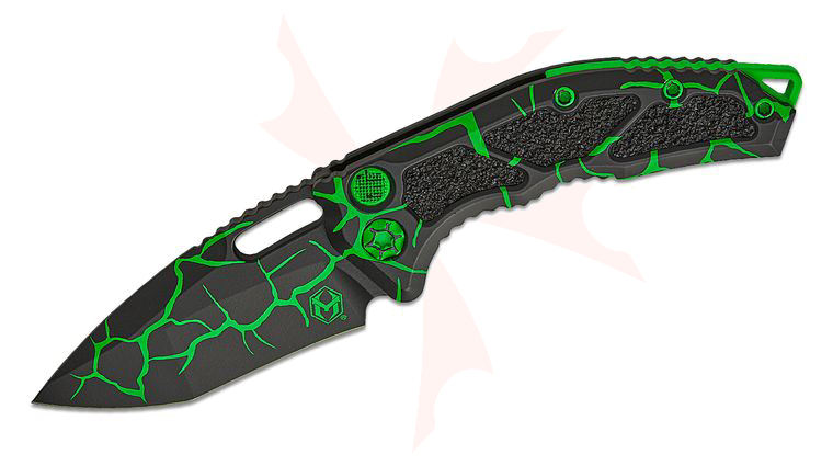 Heretic Knives Medusa AUTO Folding Knife 3.05 inch CPM-MagnaCut UV Toxic Green Magma Recurve Tanto Blade and Aluminum Handles with Black Traction Inlays