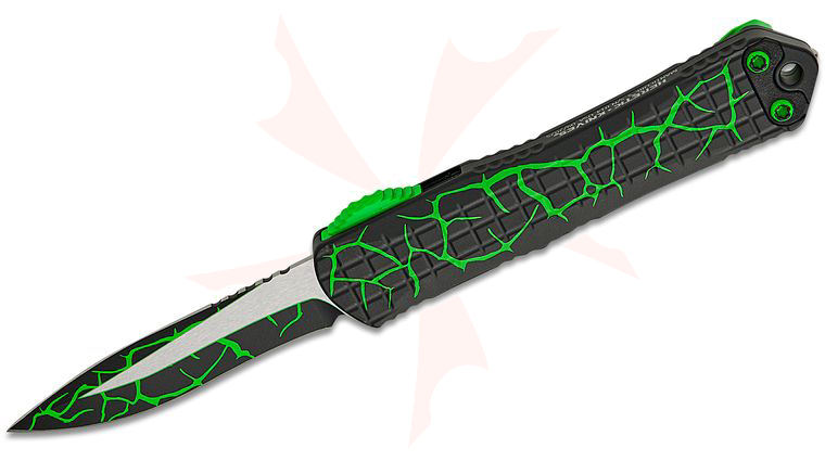 Heretic Knives Manticore S OTF AUTO Knife 2.55 inch CPM-MagnaCut UV Toxic Green Magma Recurve Blade and Grenade Grip Aluminum Handles