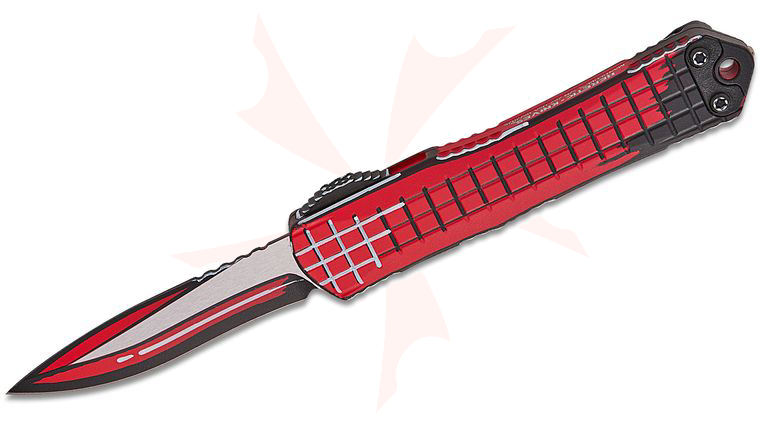 Heretic Knives Manticore S OTF AUTO Knife 2.55 inch CPM-MagnaCut Red Cel Shade Recurve Blade and Grenade Grip Aluminum Handles