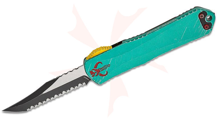 Heretic Knives Manticore E Bounty Hunter OTF AUTO Knife 3.05 inch CPM-MagnaCut Two-Tone Battle Black Bowie Serrated Blade, Distressed Green Aluminum Handle with CamoCarbon Top