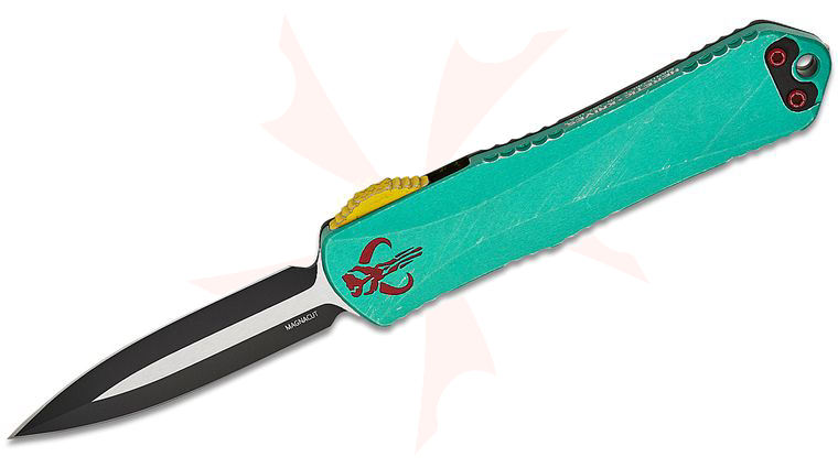 Heretic Knives Manticore E Bounty Hunter OTF AUTO Knife 3.05 inch CPM-MagnaCut Black Two-Tone Double Edge Dagger Blade, Distressed Green Aluminum Handle with CamoCarbon Top