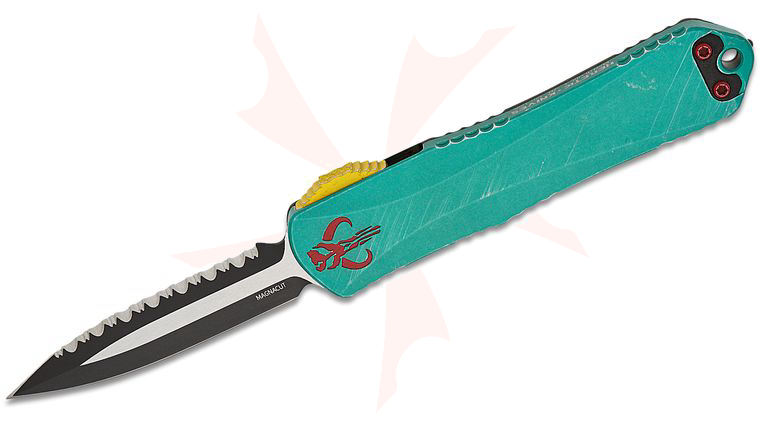 Heretic Knives Manticore E Bounty Hunter OTF AUTO Knife 3.05 inch CPM-MagnaCut Black Two-Tone Plain/Serrated Double Edge Dagger Blade, Distressed Green Aluminum Handle with CamoCarbon Top