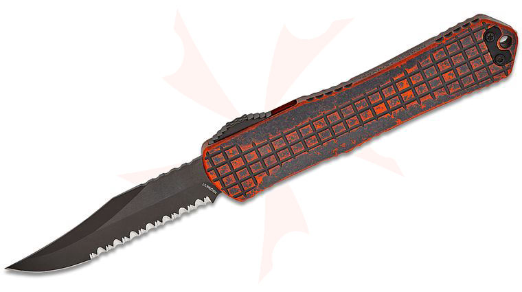Heretic Knives Manticore X OTF AUTO 3.7 inch CPM-MagnaCut Black DLC Bowie Serrated Blade, Breakthrough Orange Grenade Grip Aluminum Handles, Reversible Clip