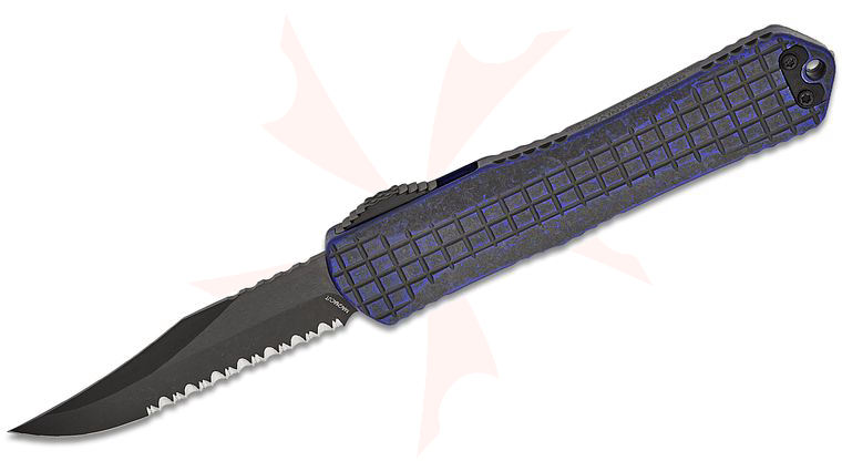 Heretic Knives Manticore X OTF AUTO 3.7 inch CPM-MagnaCut Black DLC Bowie Serrated Blade, Breakthrough Purple Grenade Grip Aluminum Handles, Reversible Clip