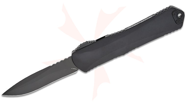Heretic Knives Manticore X Tactical OTF AUTO 3.7 inch CPM-MagnaCut Black DLC Recurve Blade, Black Aluminum Handles
