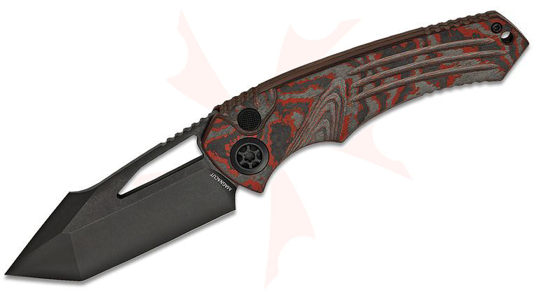 Heretic Knives Pariah Manual Folding Knife 3.75 inch CPM-MagnaCut Black DLC Harpoon Tanto Blade, Blood Red CamoCarbon Handles