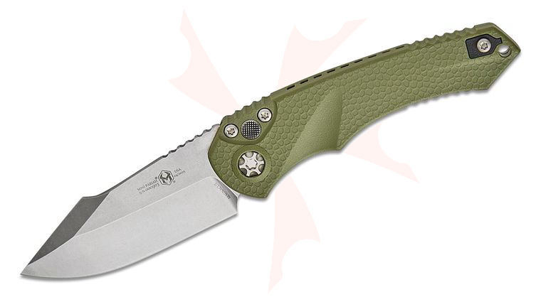 Heretic Knives Mini Pariah AUTO Folding Knife 3.375 inch CPM-MagnaCut Stonewashed Harpoon Blade, OD Green Gator Grip Polymer Handles, Reversible Clip