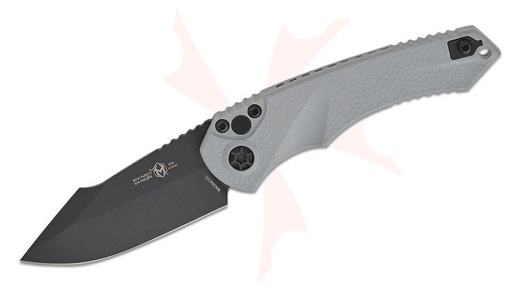 Heretic Knives Mini Pariah AUTO Folding Knife 3.375 inch CPM-MagnaCut Black Cerakote Harpoon Blade, Gray Gator Grip Polymer Handles, Reversible Clip