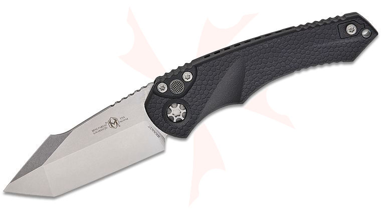 Heretic Knives Mini Pariah AUTO Folding Knife 3.375 inch CPM-MagnaCut Stonewashed Tanto Blade, Black Gator Grip Polymer Handles, Reversible Clip