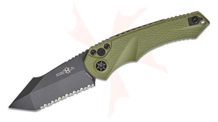 Heretic Knives Mini Pariah AUTO Tactical Folding Knife 3.375 inch CPM-MagnaCut Black Tanto Serrated Blade, OD Green Gator Grip Polymer Handles, Reversible Clip