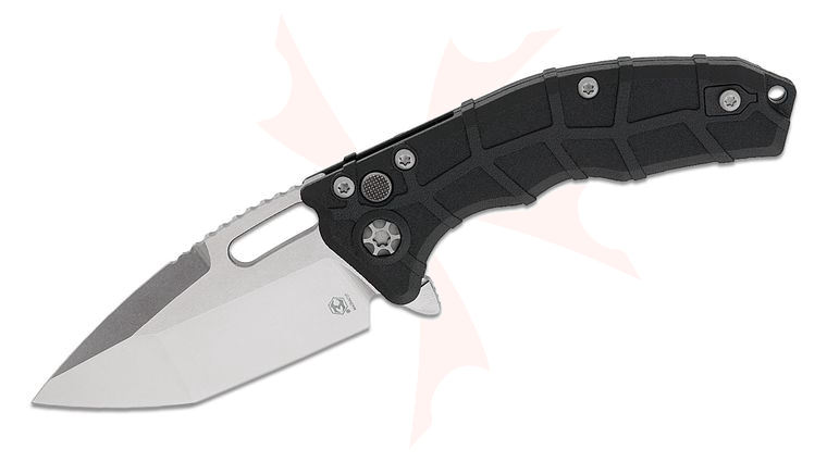 Heretic Knives Martyr Manual Button Lock Flipper Knife 3.45 inch MagnaCut Stonewashed Tanto Blade, Black Polymer Handles