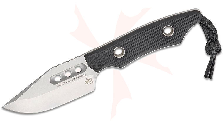 Heretic Knives Kobold Pocket Fixed Blade Knife 2.625 inch CPM-MagnaCut Stonewashed Bowie Plain Blade, Black G10 Handles, Leather Sheath