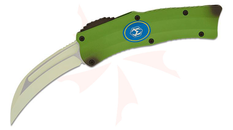 Heretic Knives Limited Edition Roc Under Ripe Stabnana OTF AUTO Knife 3.2 inch CPM-MagnaCut Custom Cream Cerakote Two-Tone Hawkbill Blade, Green Banana Aluminum Handles - KnifeCenter Exclusive