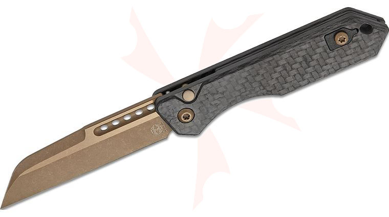 Heretic Knives Jinn AUTO Folding Knife 3 inch CPM-MagnaCut Bronze Sheepsfoot Plain Blade, Carbon Fiber Handles, Reversible Clip