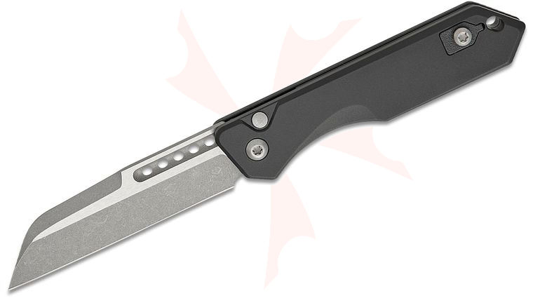 Heretic Knives Jinn AUTO Folding Knife 3 inch CPM-MagnaCut Battleworn Sheepsfoot Plain Blade, Black Aluminum Handles, Reversible Clip