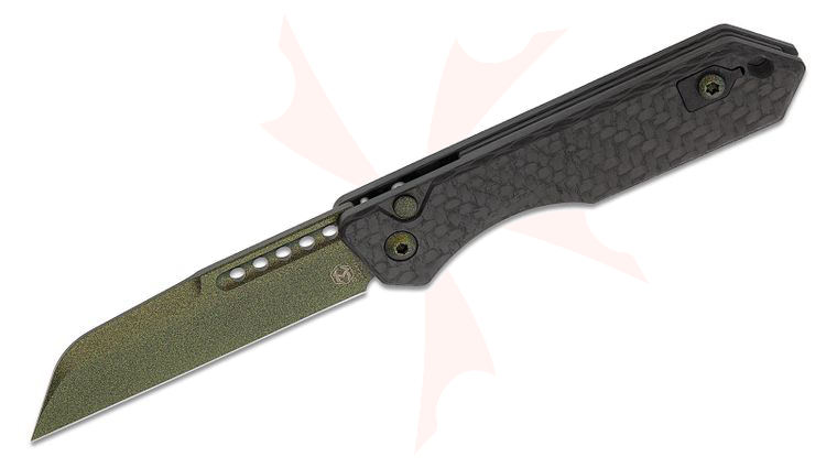 Heretic Knives Jinn AUTO Folding Knife 3 inch CPM-MagnaCut Metallic Green Sheepsfoot Plain Blade, Carbon Fiber Handles, Reversible Clip