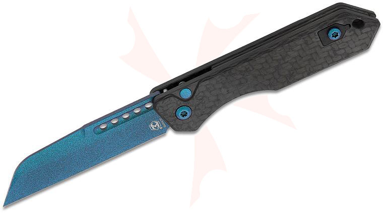 Heretic Knives Jinn AUTO Folding Knife 3 inch CPM-MagnaCut Metallic Teal Sheepsfoot Plain Blade, Carbon Fiber Handles, Reversible Clip