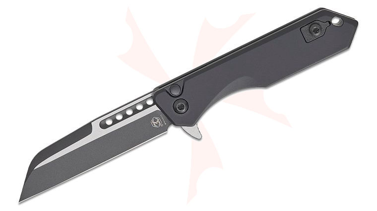 Heretic Knives Jinn Manual Button Lock Tactical Flipper Knife 3 inch CPM-MagnaCut Two-Tone Black Sheepsfoot Plain Blade, Black Aluminum Handles, Reversible Clip