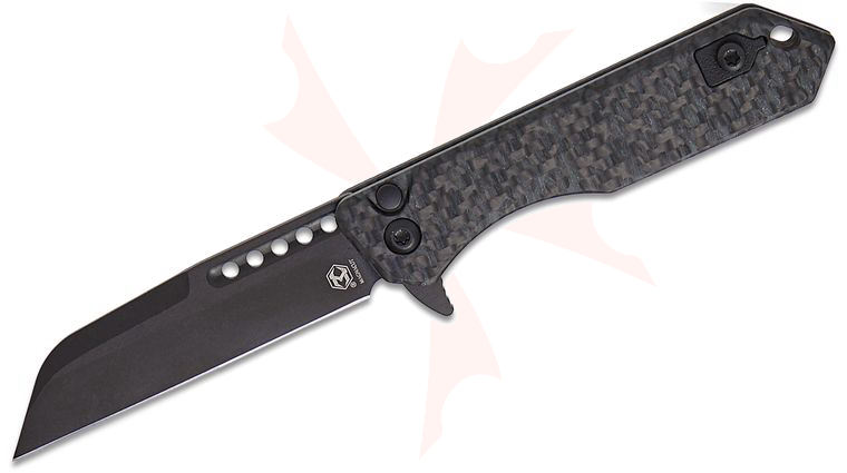 Heretic Knives Jinn Manual Button Lock Flipper Knife 3 inch CPM-MagnaCut Black DLC Sheepsfoot Plain Blade, Glow Carbon Fiber Handles, Reversible Clip