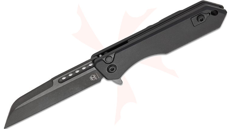 Heretic Knives Jinn Manual Button Lock Tactical Flipper Knife 3 inch CPM-MagnaCut Black DLC Sheepsfoot Plain Blade, Black Aluminum Handles, Reversible Clip