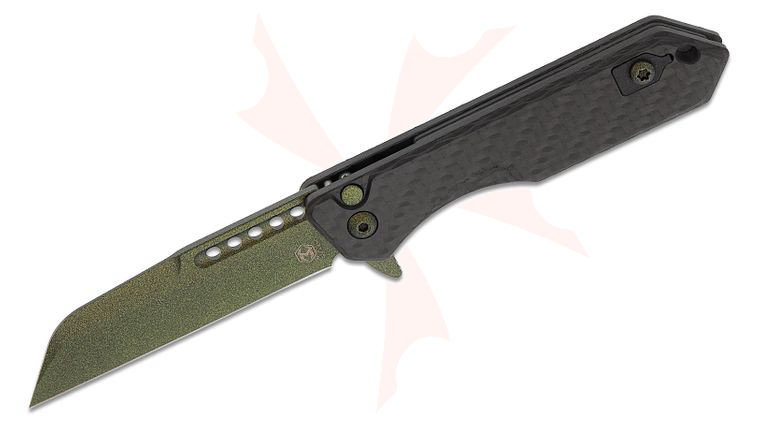 Heretic Knives Jinn Manual Button Lock Flipper Knife 3 inch CPM-MagnaCut Metallic Green Sheepsfoot Plain Blade, Carbon Fiber Handles, Reversible Clip