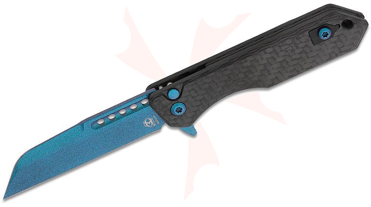 Heretic Knives Jinn Manual Button Lock Flipper Knife 3 inch CPM-MagnaCut Metallic Teal Sheepsfoot Plain Blade, Carbon Fiber Handles, Reversible Clip