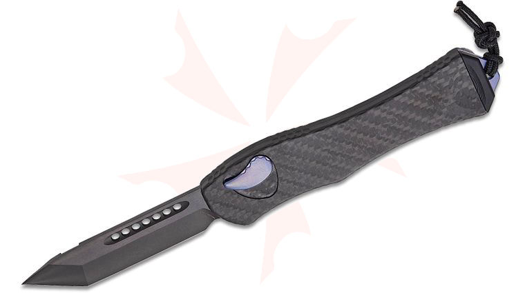 Heretic Knives Hydra V4 Single-Action OTF AUTO 3.625 inch CPM-20CV Black DLC Tanto Blade, Carbon Fiber Handles, Blue Hand Flamed Ti Button Cover, Charge Plate and Clip