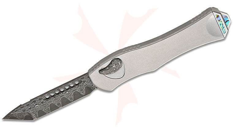 Heretic Knives Custom Hydra V4 Single-Action OTF AUTO 3.625 inch VF San Mai Reptilian Damascus Tanto Blade, Stainless Steel Handles with Abalone Inlays, Damascus Button Cover
