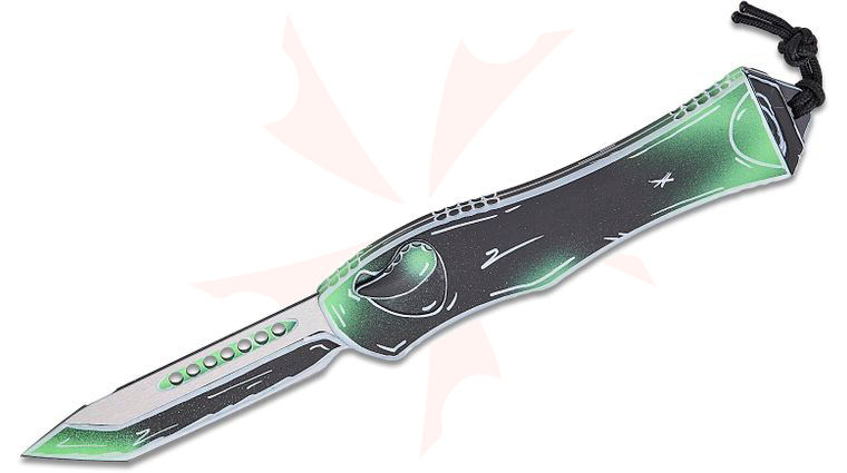 Heretic Knives Hydra V4 Single-Action OTF AUTO 3.625 inch CPM-MagnaCut Toxic Green Negative Cel Shade Tanto Blade and Aluminum Handles