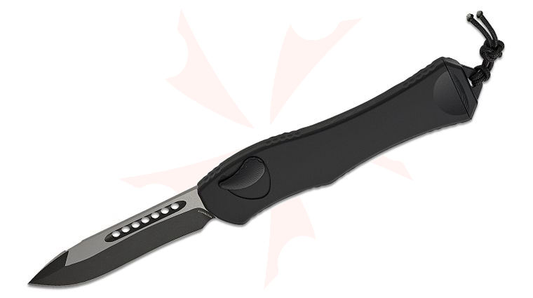 Heretic Knives Hydra V4 Tactical Single-Action OTF AUTO 3.625 inch CPM-MagnaCut Two-Tone Black Recurve Blade, Black Aluminum Handles
