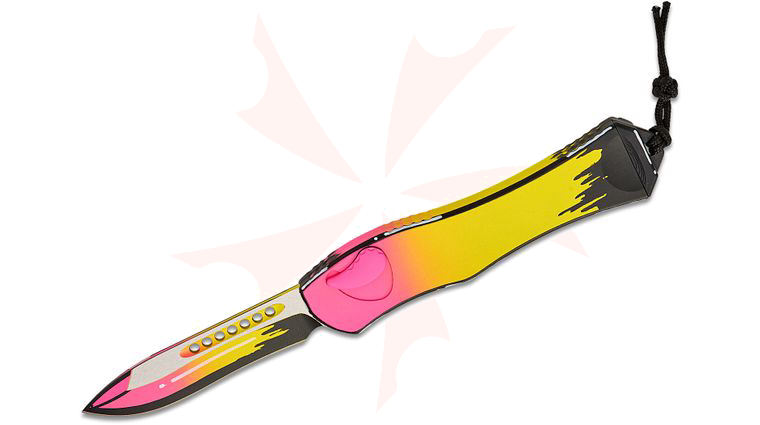 Heretic Knives Hydra V4 Single-Action OTF AUTO 3.625 inch CPM-MagnaCut Pink Lemonade Cel Shade Recurve Blade and Aluminum Handles