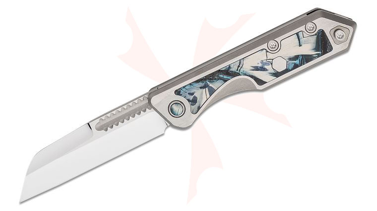 Heretic Knives Custom Jinn Slipjoint Folding Knife 3 inch Hand Ground Elmax Mirror Polished Sheepsfoot Blade, Polished Titanium Handles with Fossilized Mammoth Inlays