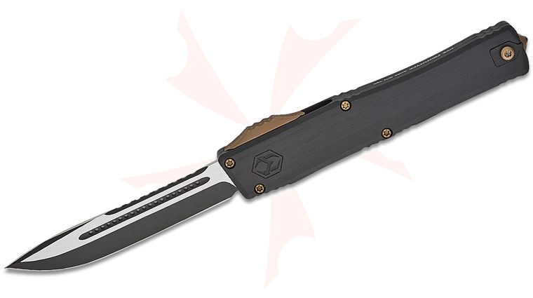 Heretic Knives NYX Prototype OTF AUTO Knife 3.75 inch CPM-MagnaCut Two-Tone DLC Clip Point Blade, Black Hefted Aluminum Handles, Bronze Titanium Accents