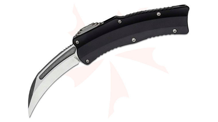 Heretic Knives Roc OTF AUTO Knife 3.2 inch CPM-MagnaCut Stonewashed Hawkbill Blade, Black Aluminum Handles