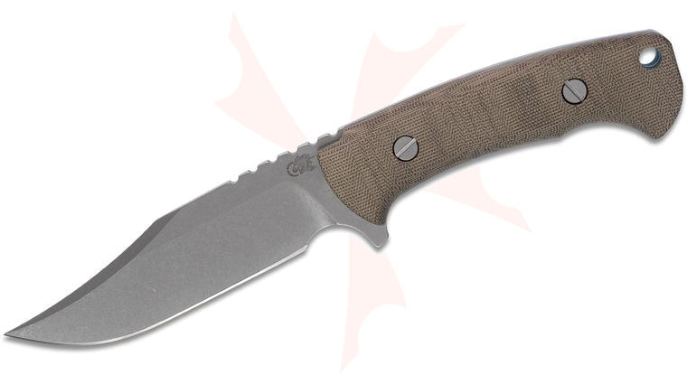 Rick Hinderer Knives Ranch Bowie Fixed Blade Knife 5.25 inch Stonewashed CPM-3V, Green Canvas Micarta Handles, Leather Sheath