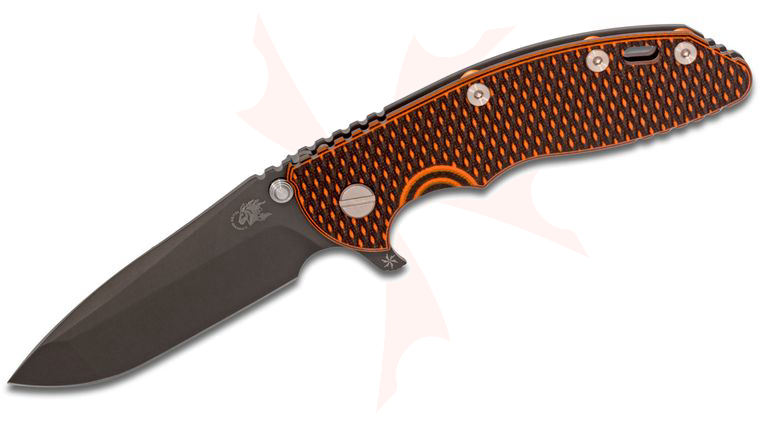 Rick Hinderer Knives XM-18 3.5 inch Flipper, Black DLC S35VN Spanto Blade, Orange/Black G10 Handle - KnifeCenter Exclusive