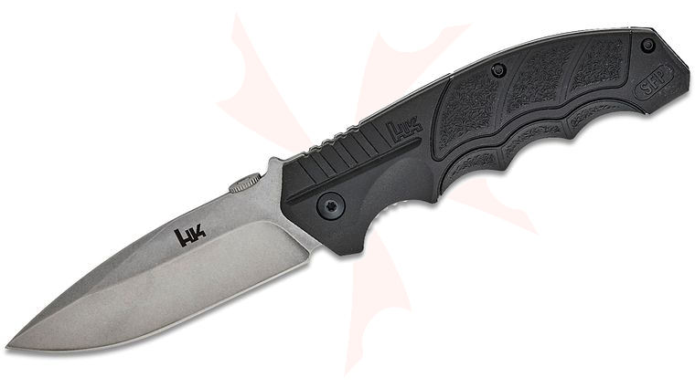 HK Knives by Boker SFP Tactical Liner Lock Folding Knife 3.62 inch D2 Stonewashed Plain Spear Point Blade, Black Polypropylene Handles with TPR Rubber Inserts