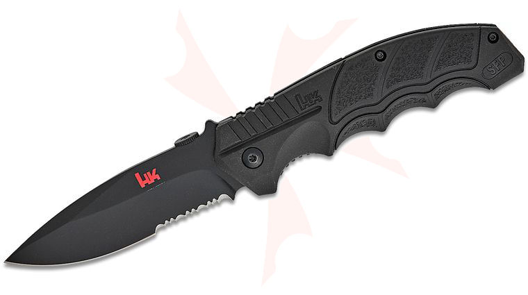 HK Knives by Boker SFP Tactical Liner Lock Folding Knife 3.62 inch D2 Black Combo Spear Point Blade, Black Polypropylene Handles with TPR Rubber Inserts