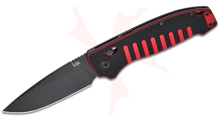 HK Knives by Hogue Ballista XL AUTO ABLE Lock Folding Knife 3.75 inch CPM-S30V Black Drop Point Blade, Red and Black Chromacut G10 Handles