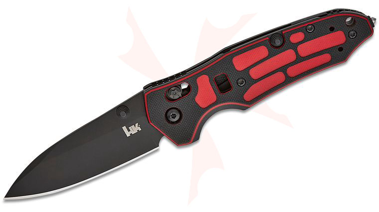 HK Knives by Hogue First Response Tool ABLE Lock Folding Knife 3.35 inch CPM-S45VN Black Drop Point Plain Blade, Red and Black ChromaCut G10 Handles, Folding Rescue Hook, Nylon Belt Pouch