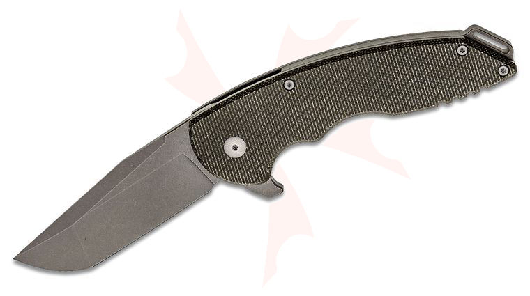 Jake Hoback A15 Slimline Flipper Knife 3.75 inch CPM-20CV Stonewashed Blade, Dark Green Micarta and Titanium Handles