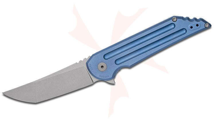 Jake Hoback Kwaiback MK4 UHEP Flipper Knife 3.75 inch Stonewashed CTS-XHP Blade, Blue Bedform Milled Titanium Handles - KnifeCenter Exclusive