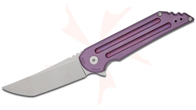 Jake Hoback Kwaiback MK4 UHEP Flipper Knife 3.75 inch Stonewashed CTS-XHP Blade, Purple Bedform Milled Titanium Handles - KnifeCenter Exclusive