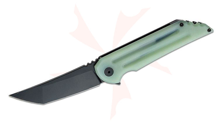 Jake Hoback Kwaiback MK6 Flipper Knife 3.75 inch M390 Black DLC Blade, Translucent Green (Jade) G10 and Black DLC Titanium Handles with Fullers